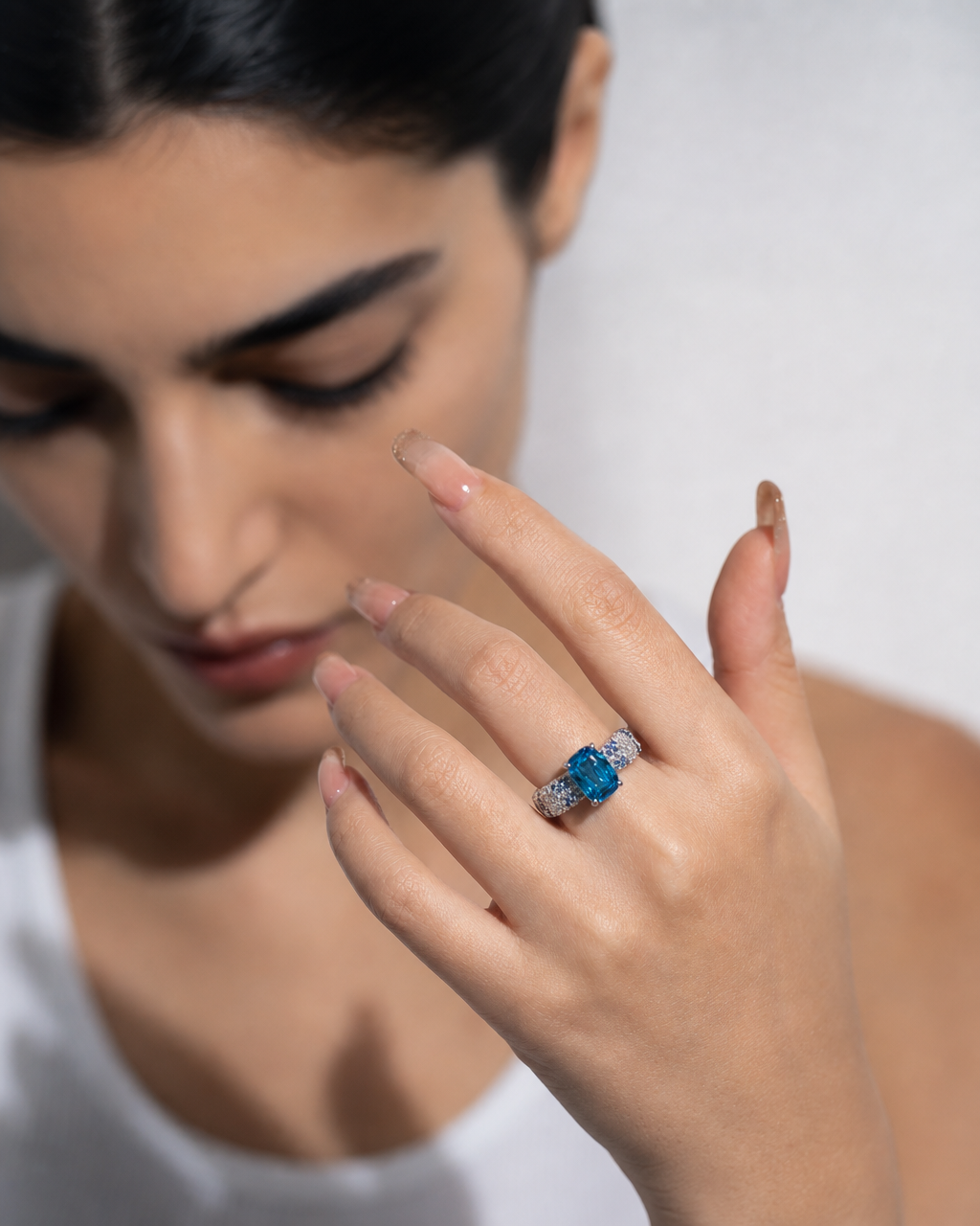 4-Carat Aqua Blue Moissanite Solitaire Ring - lifestyle shot