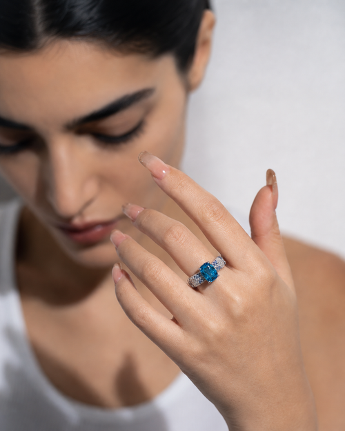 4-Carat Aqua Blue Moissanite Solitaire Ring - lifestyle shot
