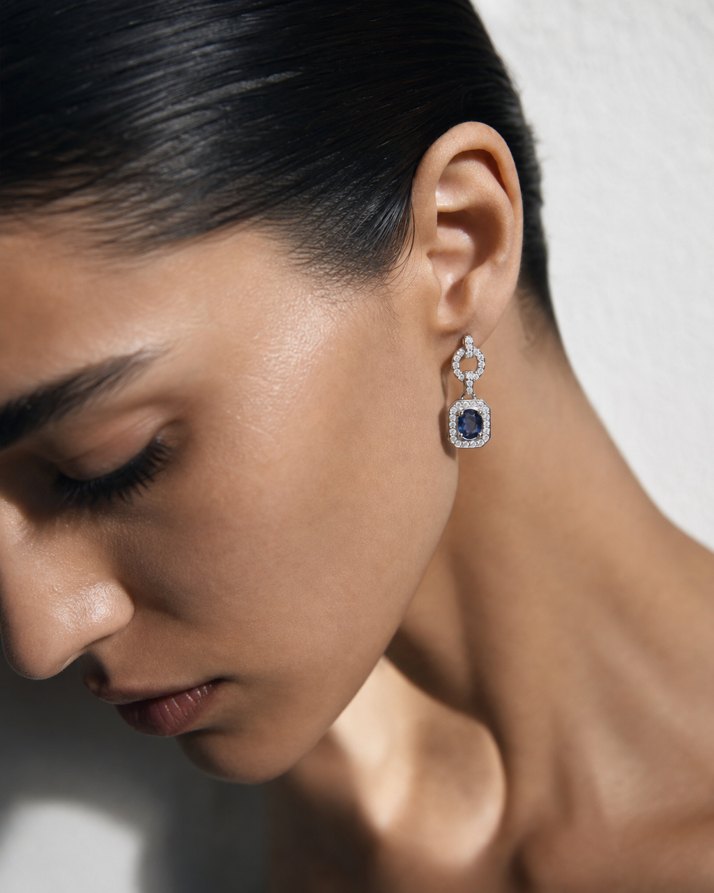 Natural Blue Sapphire Halo Drop Earrings - lifestyle shot
