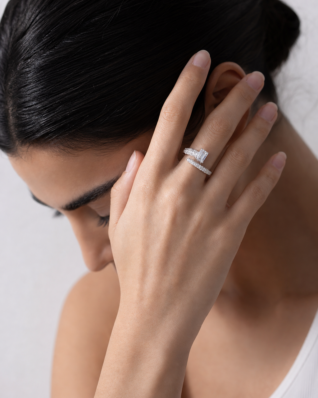 Emerald-Cut Moissanite Bypass Ring - lifestyle shot
