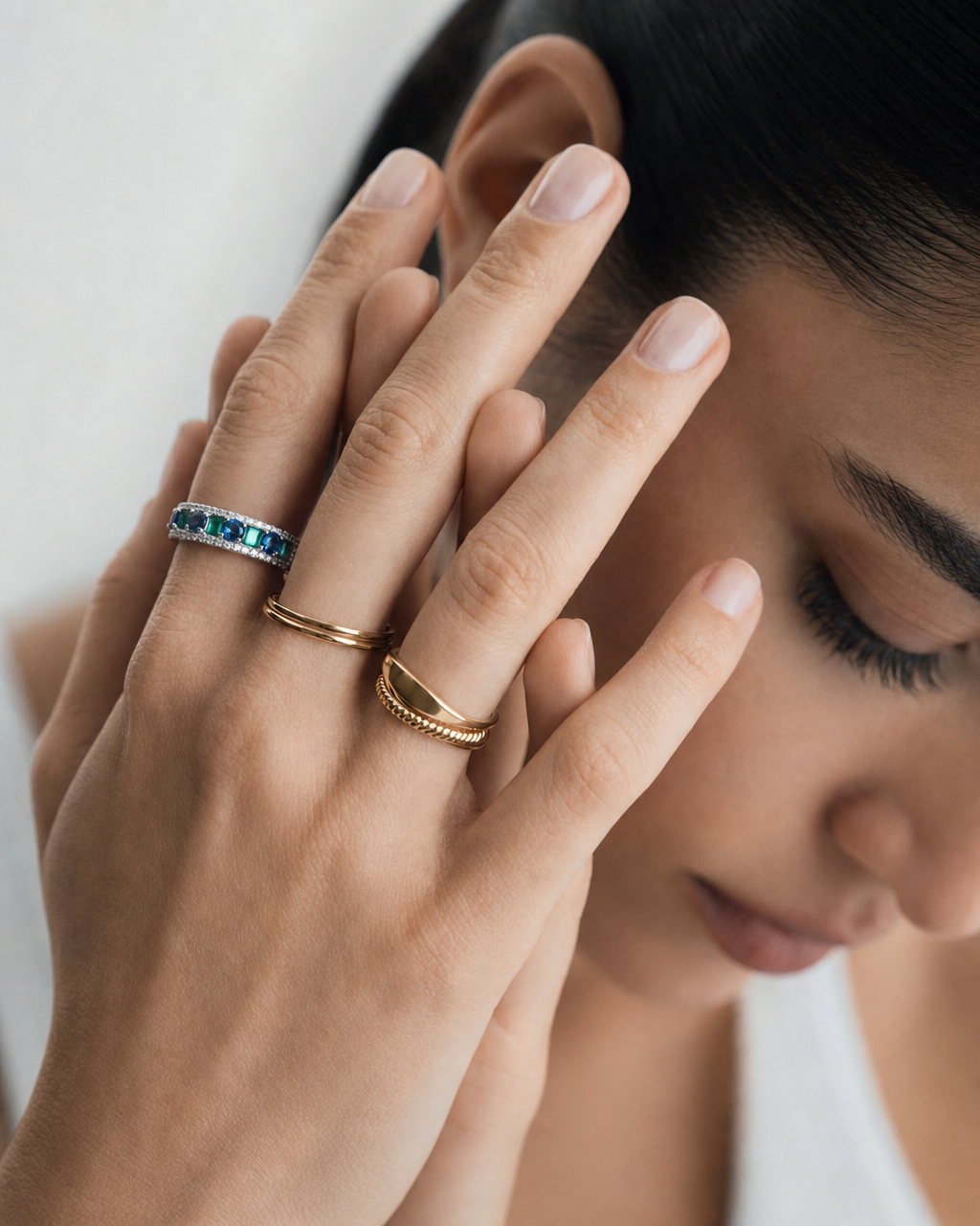Teal & Emerald Lab-Grown High Carbon Diamond Half Eternity Ring - lifestyle shot