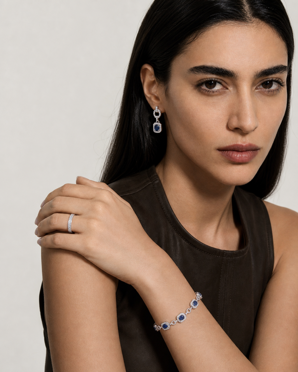 Natural Blue Sapphire Halo Link Bracelet - lifestyle shot