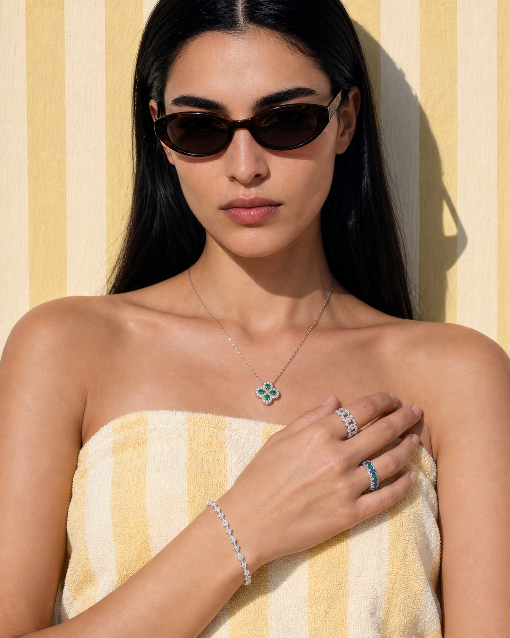 Emerald Blossom Moissanite Pendant Necklace - styled on model