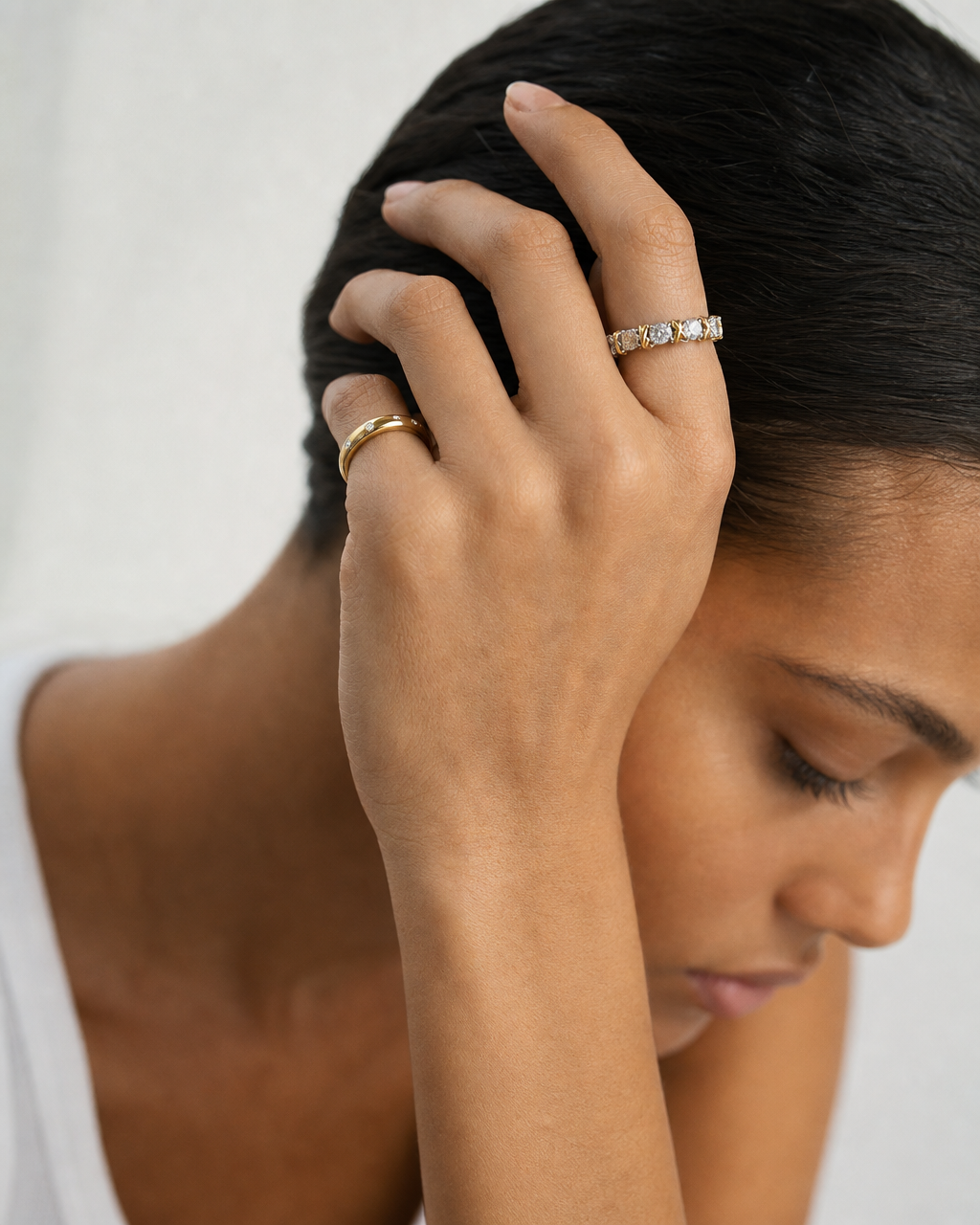 Two-Tone Cross Detail Moissanite Eternity Ring - lifestyle shot