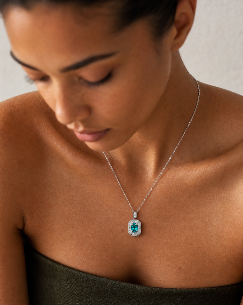 Paraíba Square Pendant Necklace - lifestyle model shot