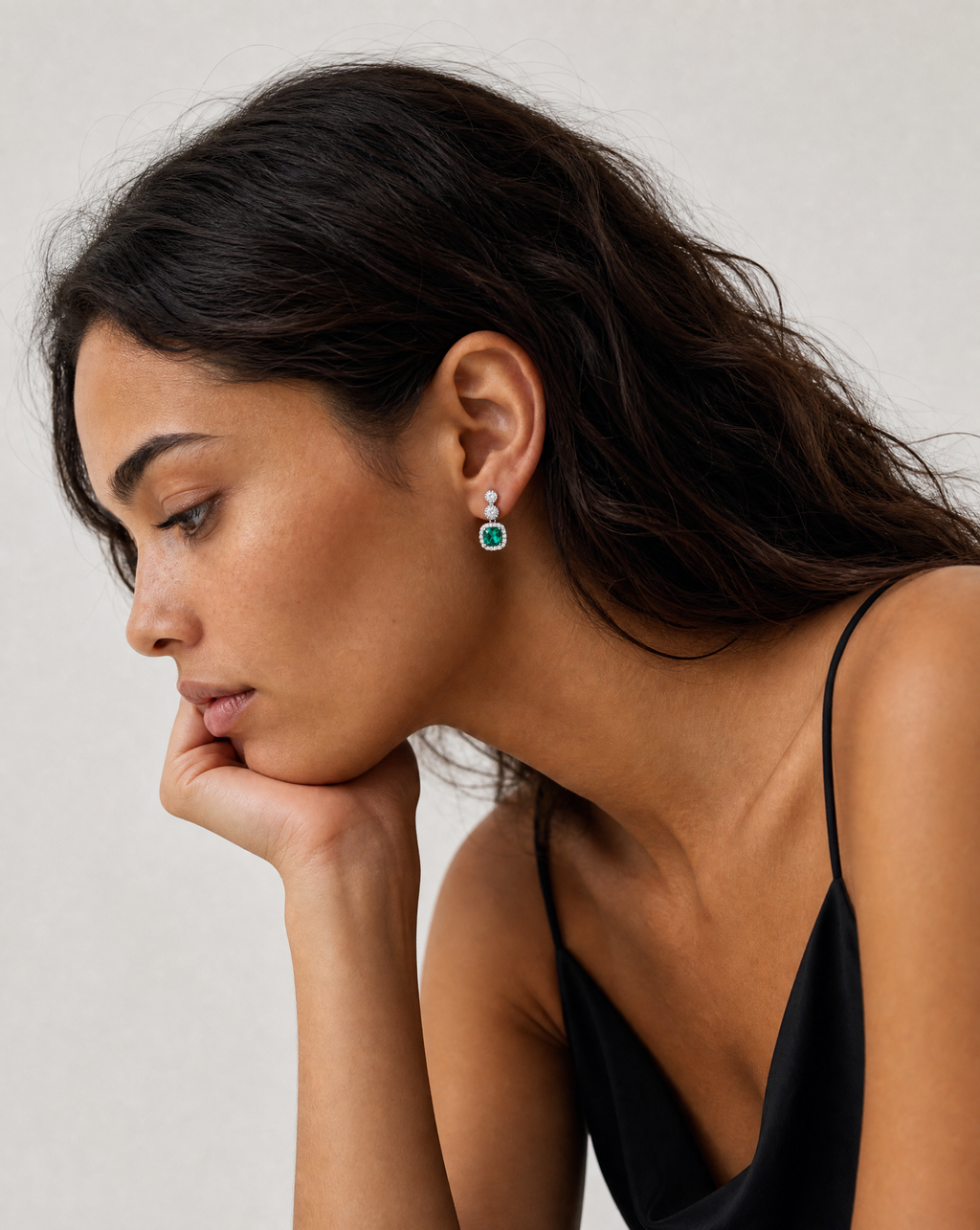 Square Emerald Drop Earrings - lifestyle model shot in elegant black dress