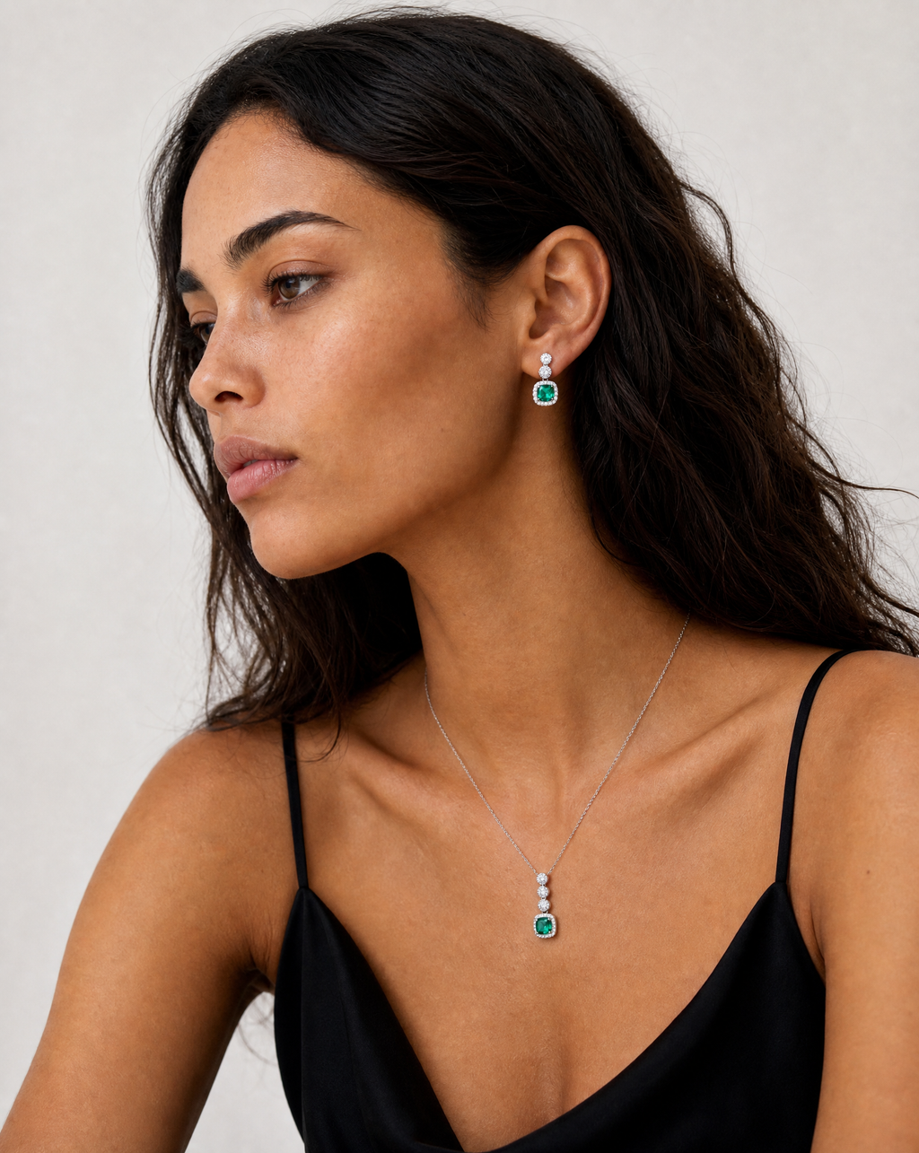 Square Emerald Pendant Necklace - lifestyle model shot with matching earrings