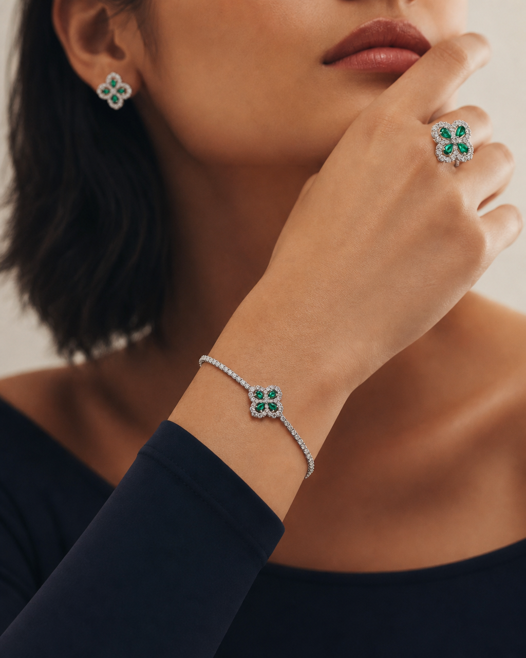 Emerald & Moissanite Blossom Ring - lifestyle shot