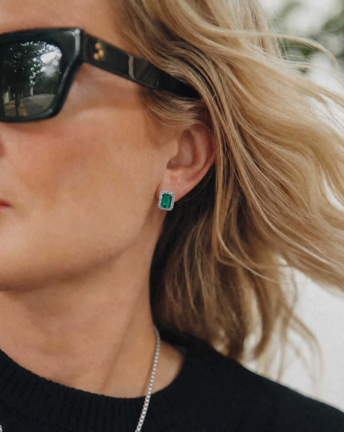 Square Emerald Stud Earrings - model wearing