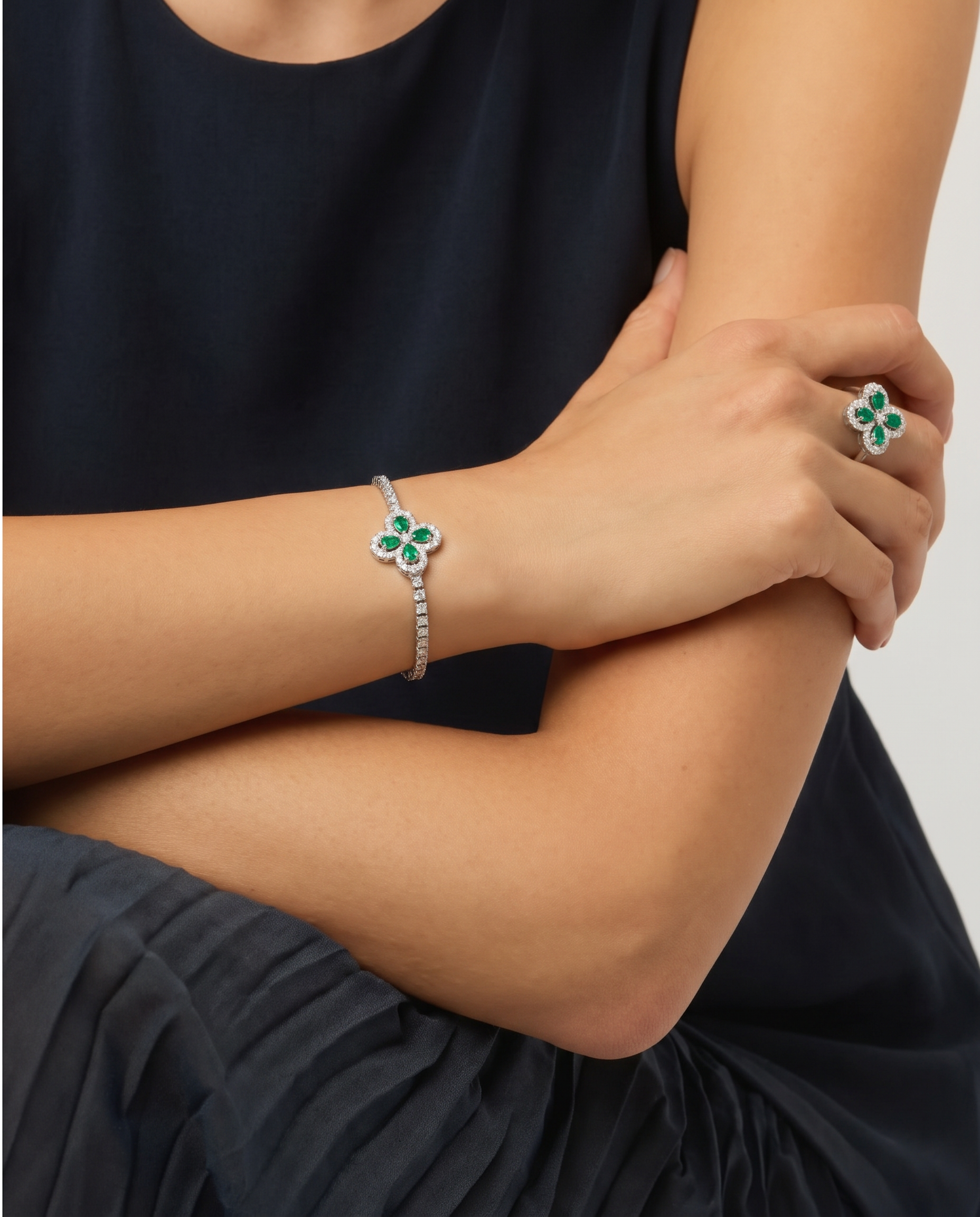 Emerald & Moissanite Blossom Link Bracelet - styled set shot
