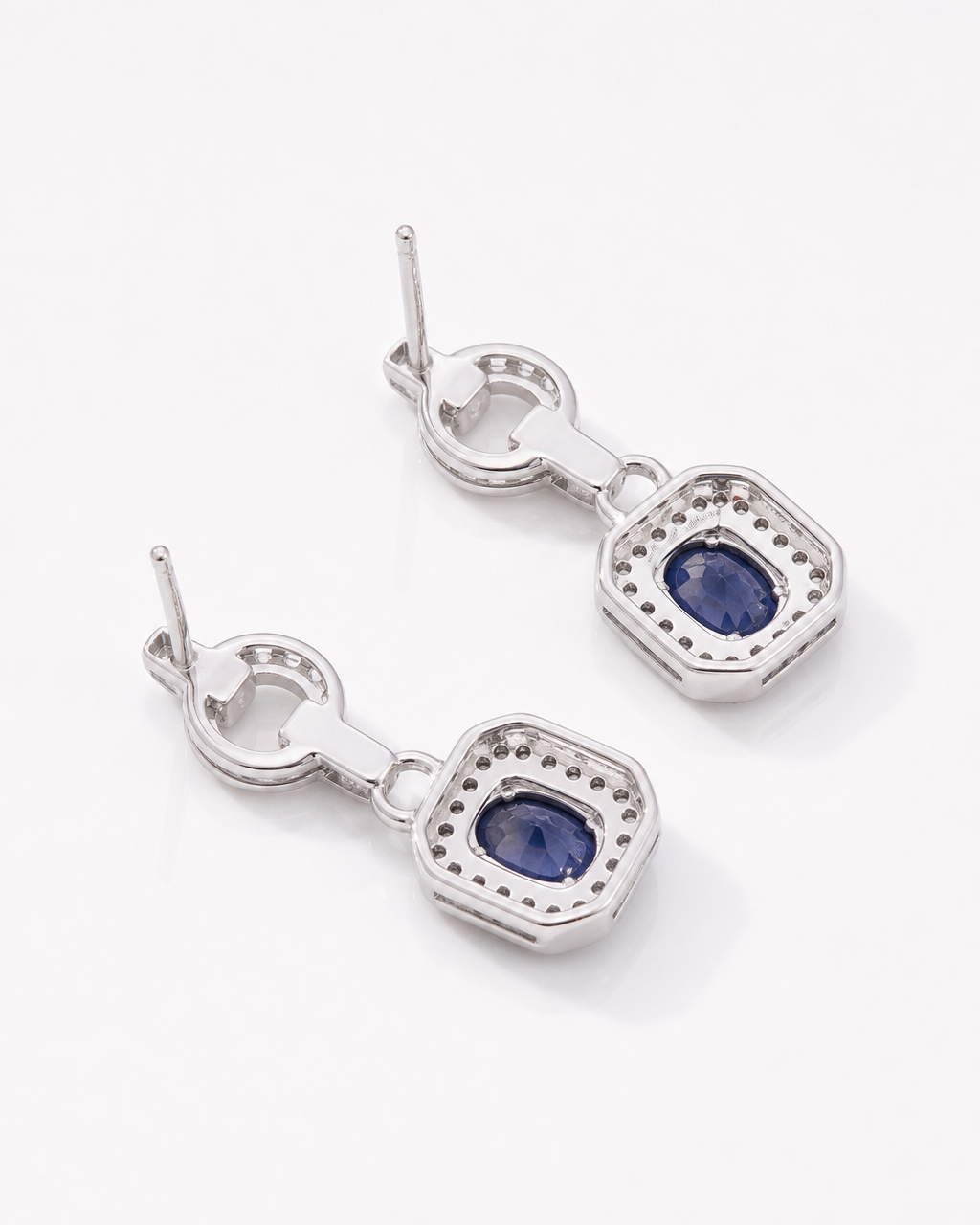 Natural Blue Sapphire Halo Drop Earrings