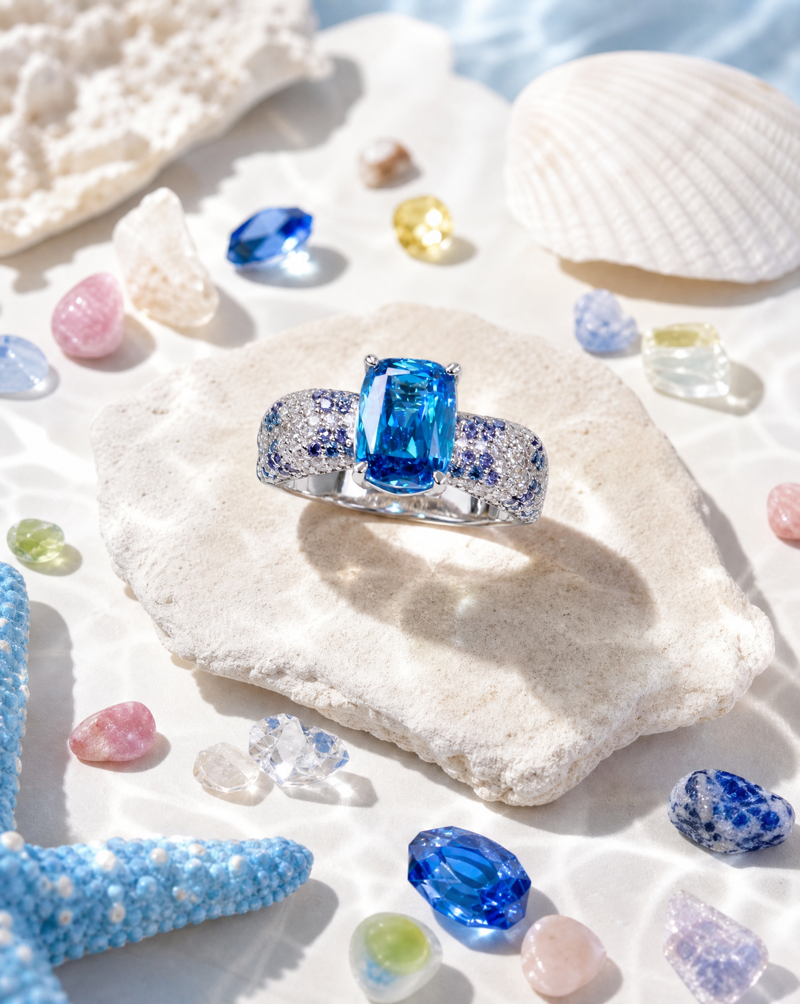 4-Carat Aqua Blue Moissanite Solitaire Ring - ocean styled shot