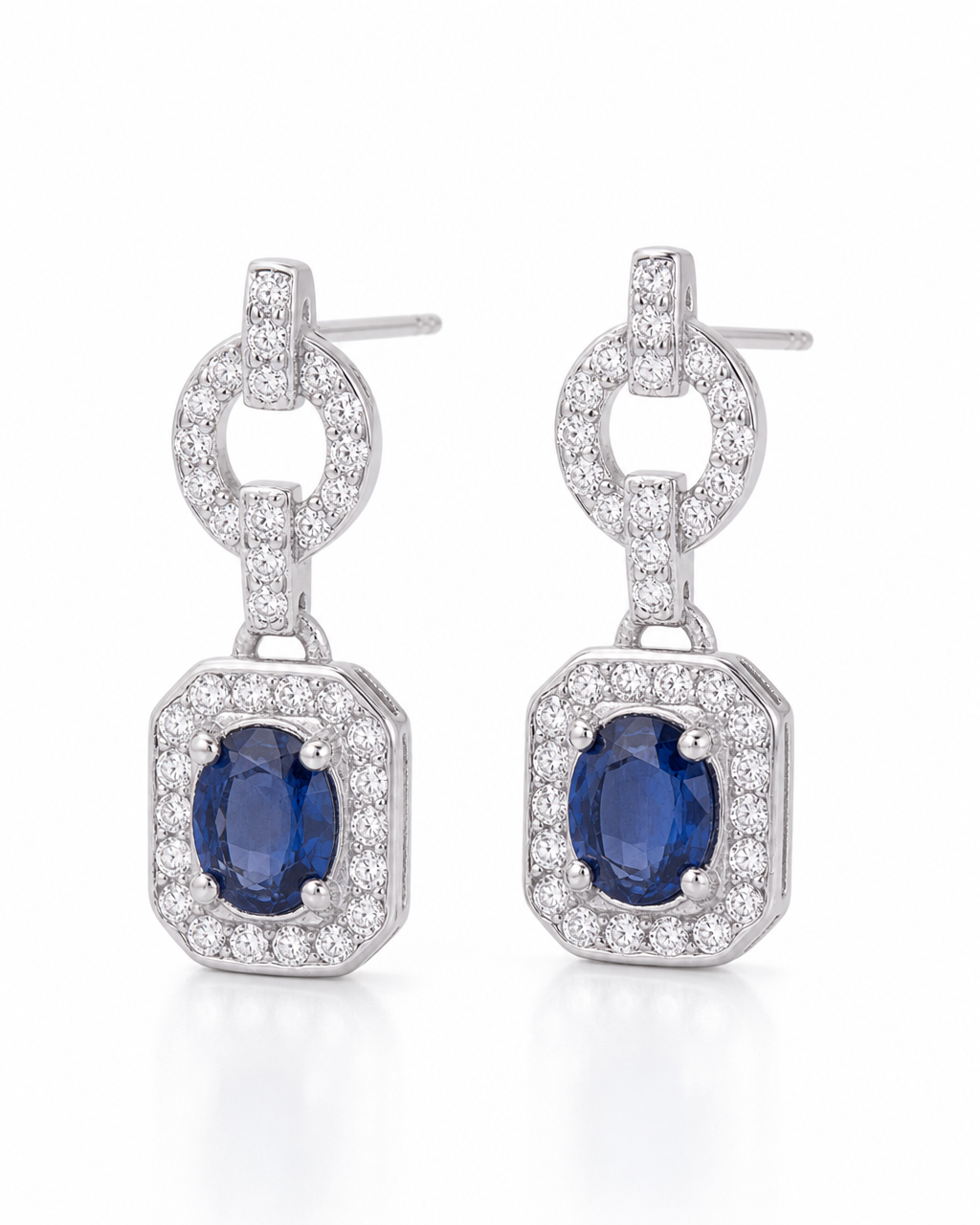 Natural Blue Sapphire Halo Drop Earrings - product shot
