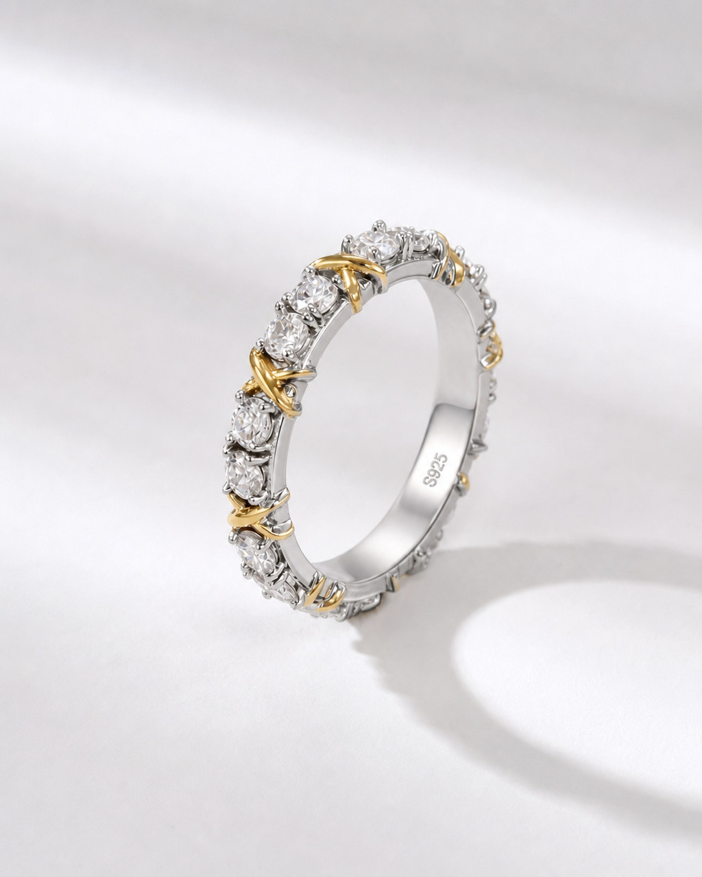 Two-Tone Cross Detail Moissanite Eternity Ring - product shot