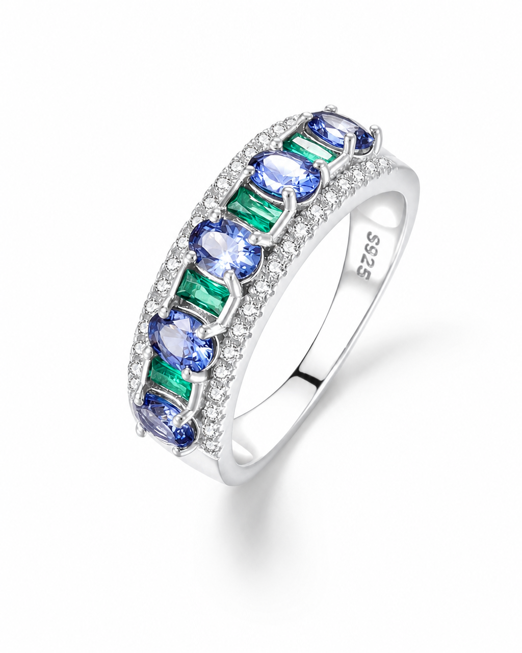 Teal & Emerald Lab-Grown High Carbon Diamond Half Eternity Ring - product shot
