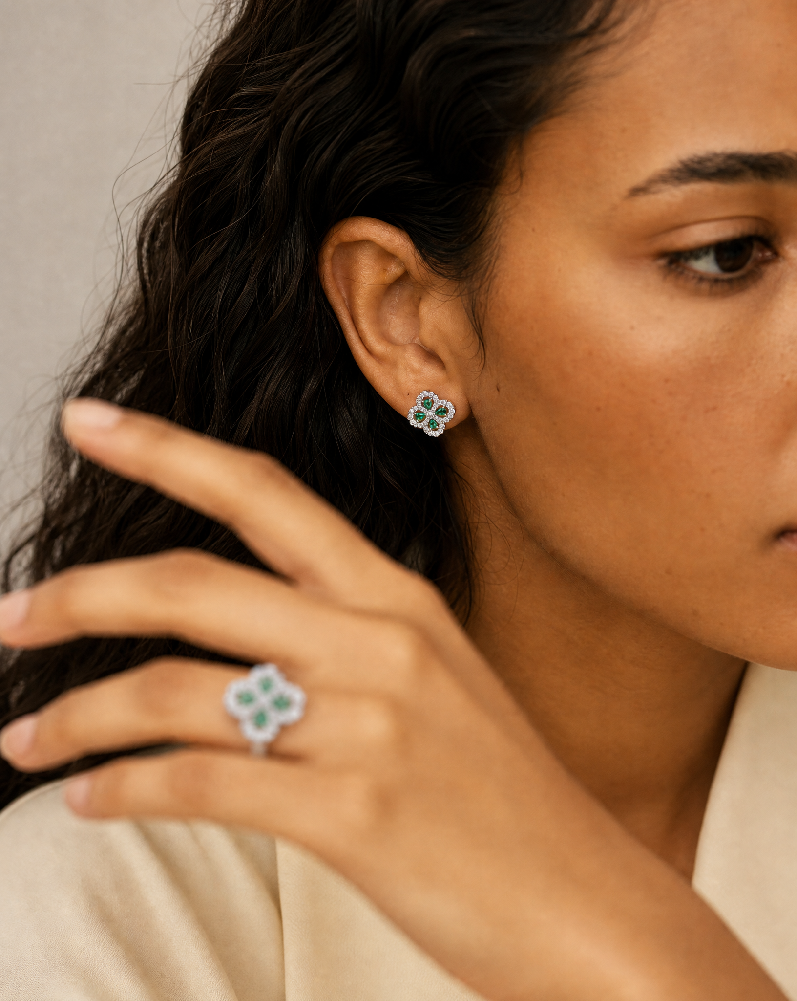 Emerald & Moissanite Blossom Stud Earrings - styled set shot