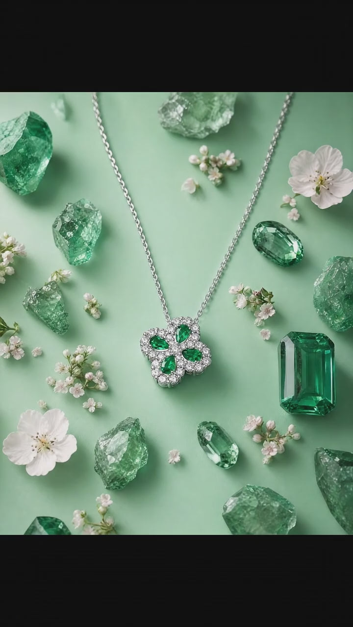 Three-second vertical video of the Emerald Blossom four-leaf clover emerald pendant against a soft green backdrop